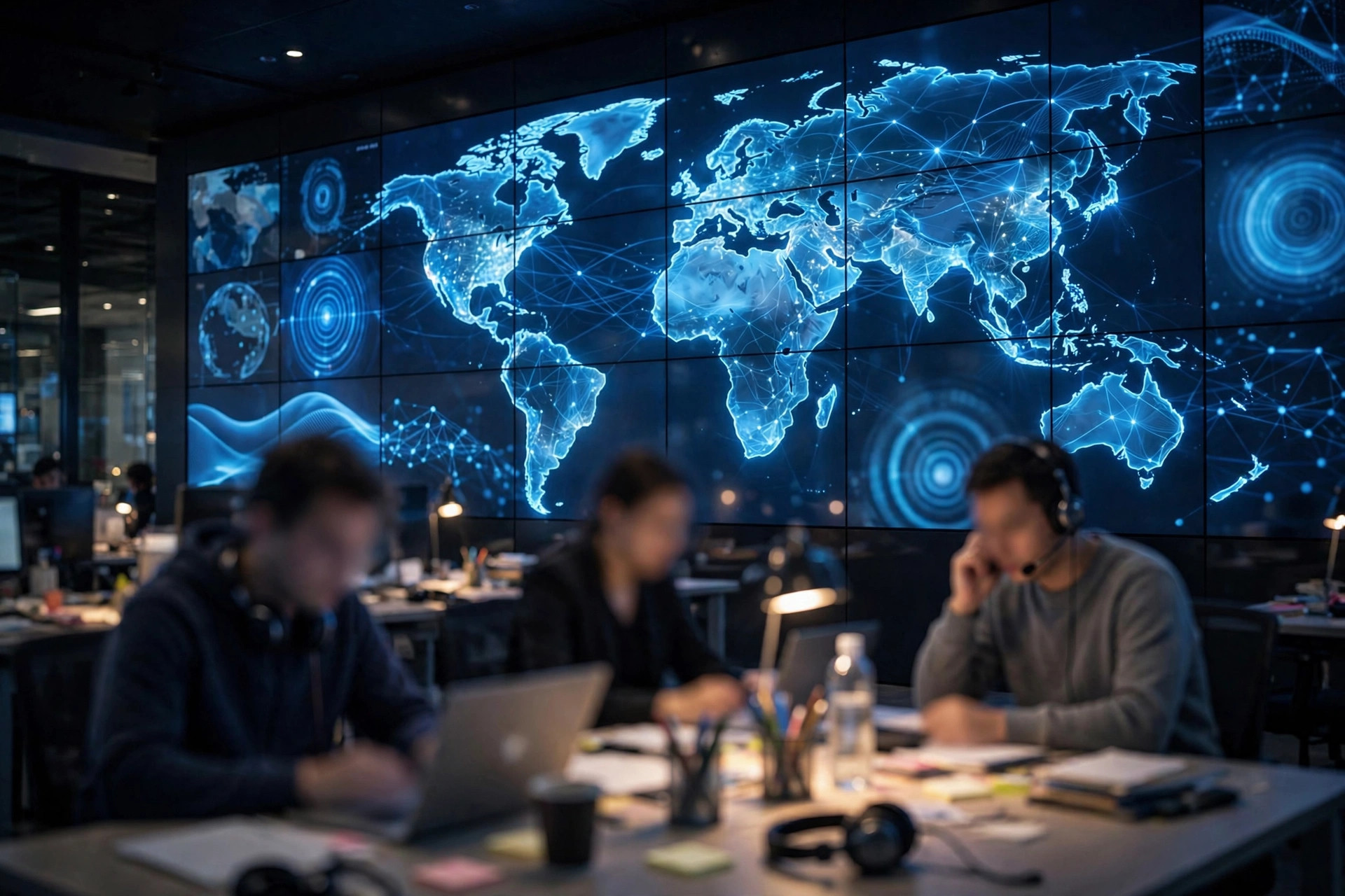 A global newsroom at night — the Magna Bureau intelligence system
