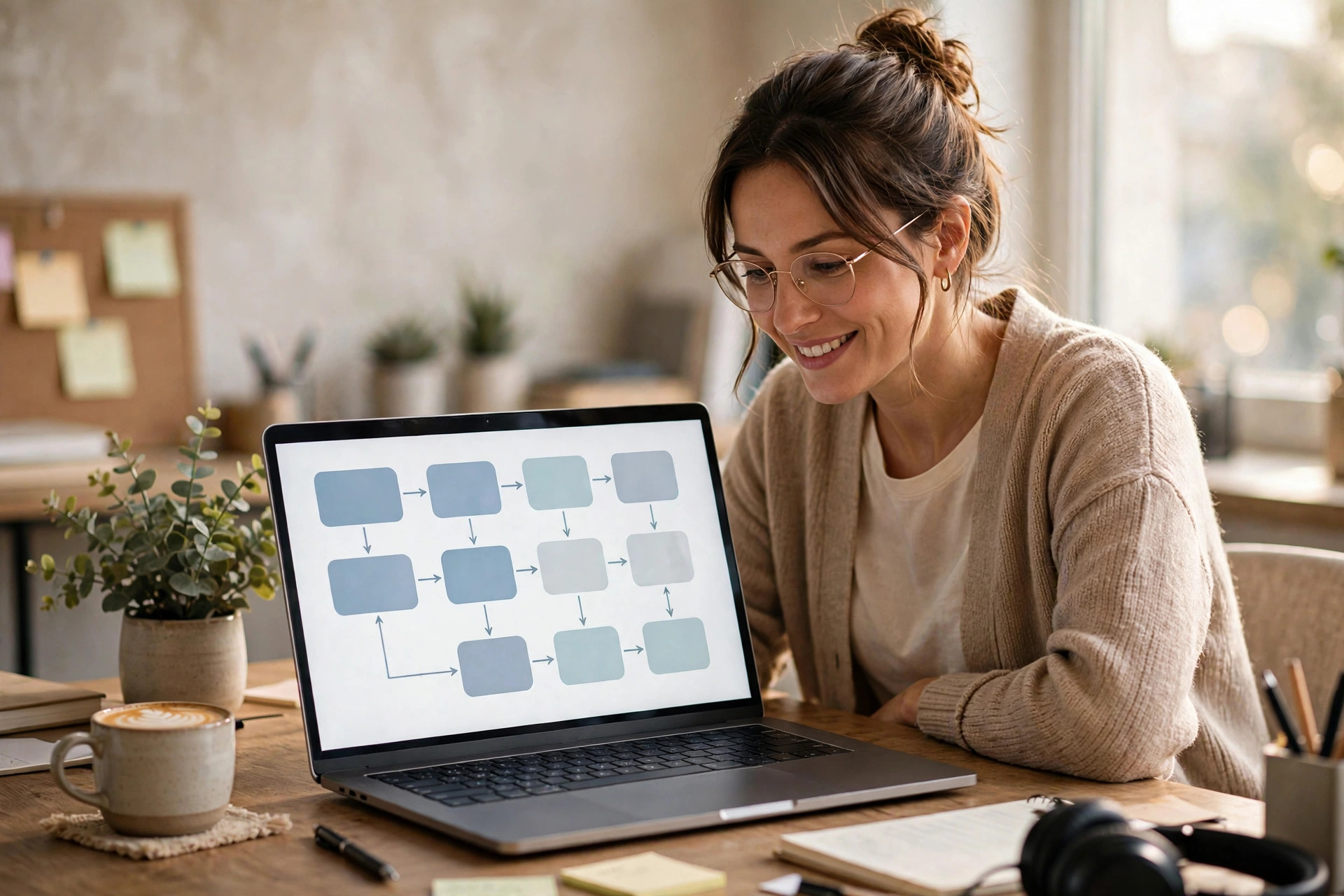 A person designing an automation workflow on a laptop — technology making actual work easier